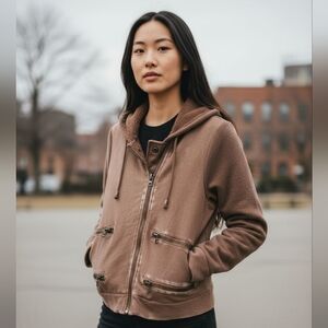 Free People Lou Moto Zip Jacket Small Brown Hooded 100% Cotton Asymmetrical Zip